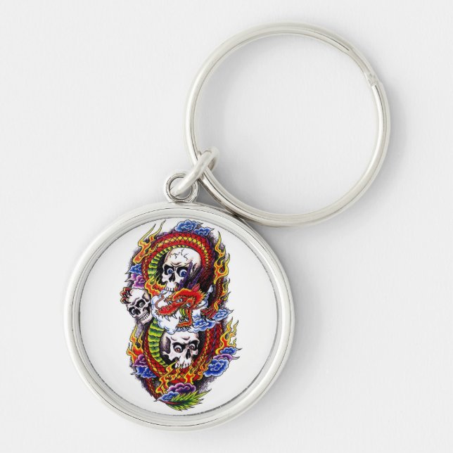 Cool cartoon tattoo symbol chinese dragon skulls key ring (Front)