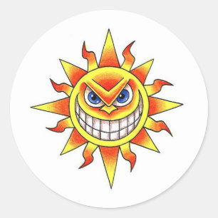 Cool cartoon tattoo symbol evil smiling SUN face Classic Round Sticker