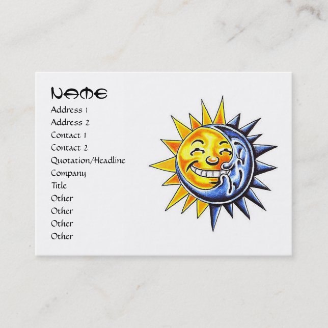 Cool cartoon tattoo symbol happy sun moon face business card (Front)