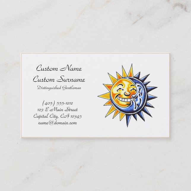 Cool cartoon tattoo symbol happy sun moon face business card (Front)