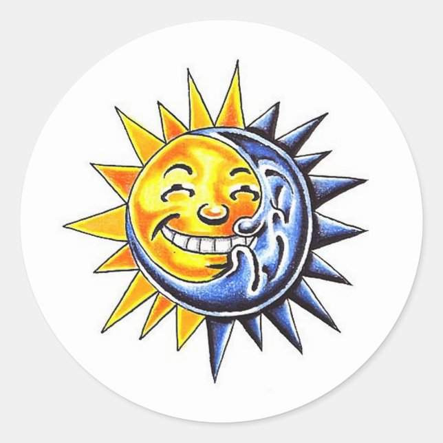 Cool cartoon tattoo symbol happy sun moon face classic round sticker (Front)