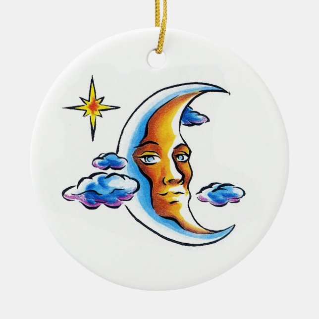 Cool cartoon tattoo symbol Moon face star clouds Ceramic Tree Decoration (Front)