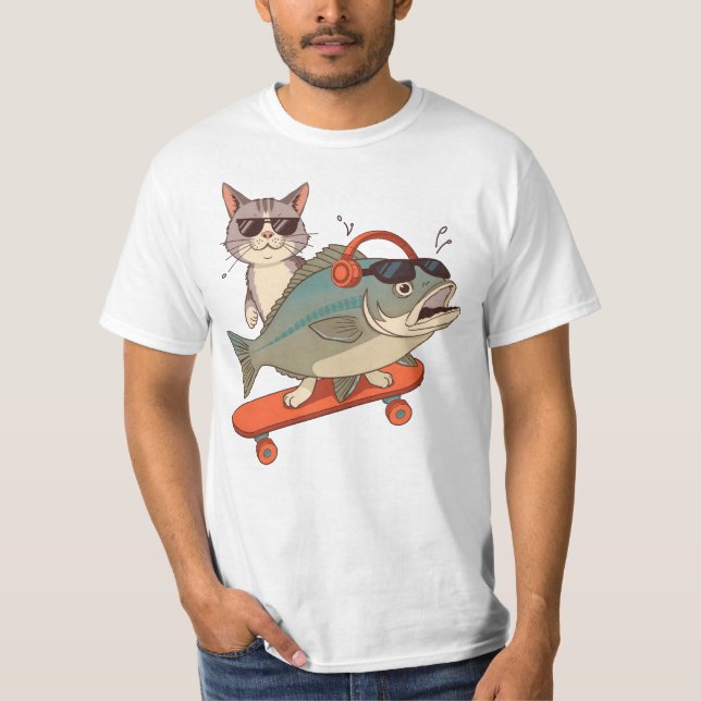 Cool Cat and Carp on Skateboard – Sunglasses & Hea T-Shirt (Front)