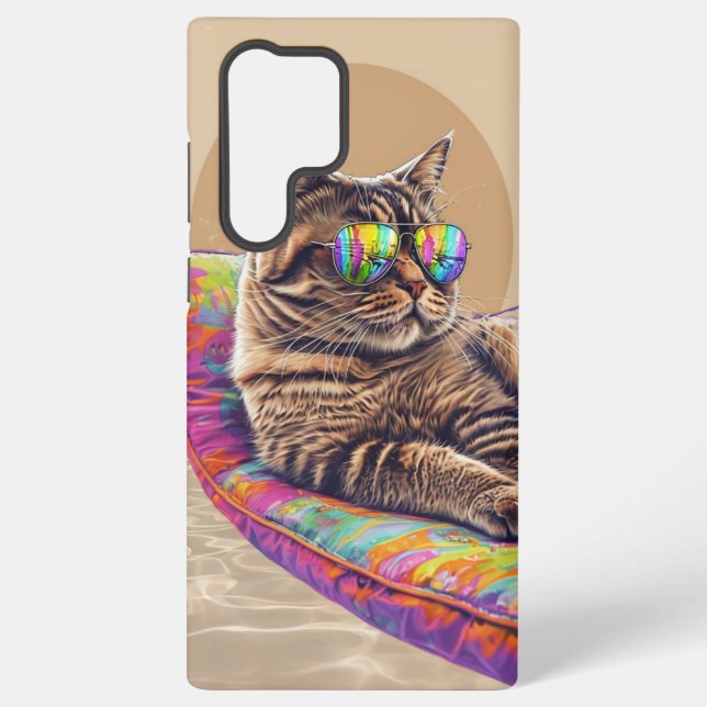 Cool Cat Chilling on a Pool Float Art Samsung Galaxy S22 Ultra Case (Back)