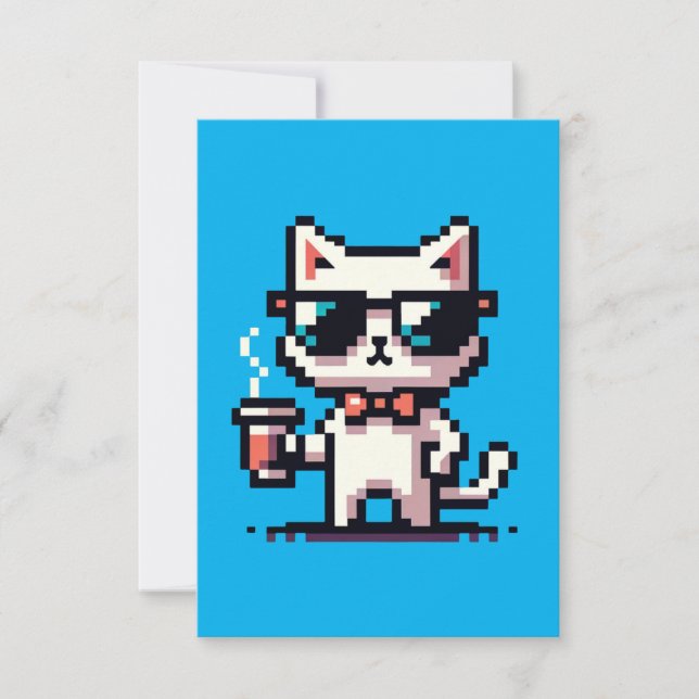 Cool Cat Coffee Break: 8-Bit Pixel Art Card (Front)