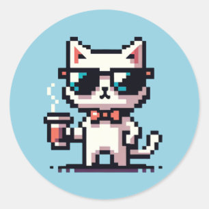 Cool Cat Coffee Break: 8-Bit Pixel Art Classic Round Sticker