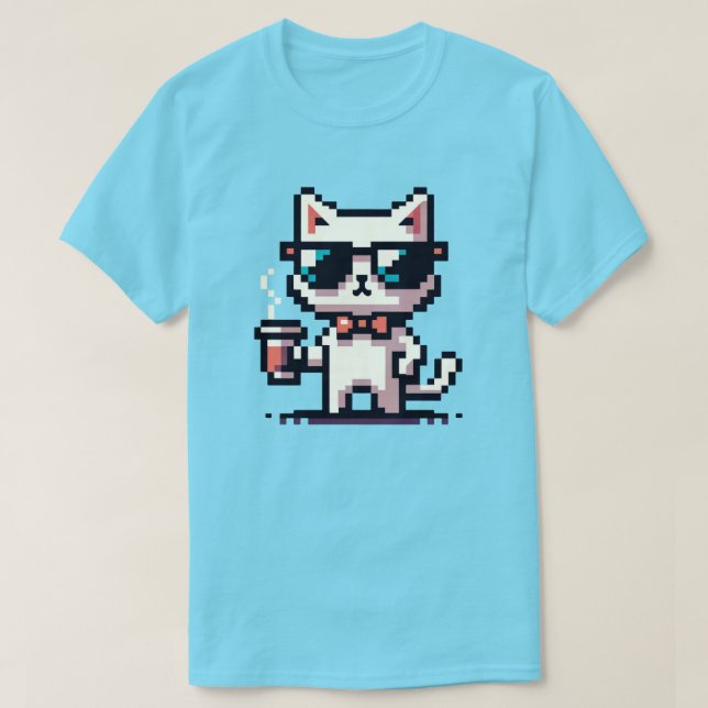 Cool Cat Coffee Break: 8-Bit Pixel Art T-Shirt (Design Front)
