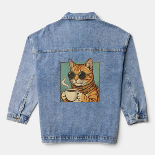 Cool Cat Coffee Retro Style Design for Cat Lovers Denim Jacket