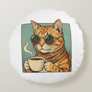 Cool Cat Coffee Retro Style Design for Cat Lovers Round Cushion