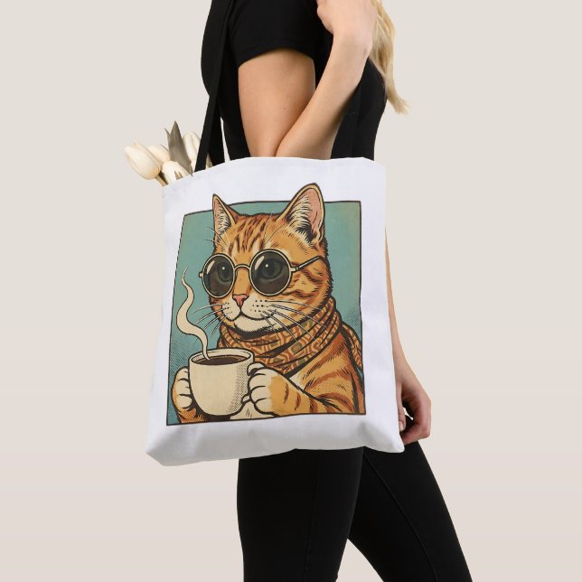 Cool Cat Coffee Retro Style Design for Cat Lovers Tote Bag (Close Up)