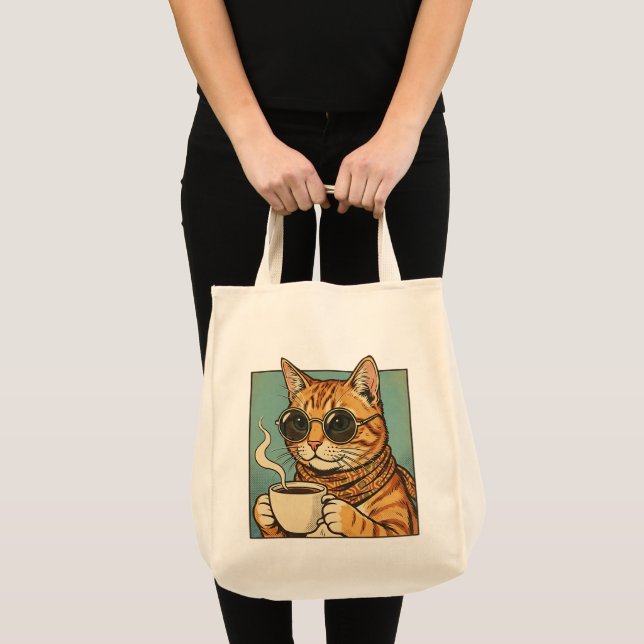 Cool Cat Coffee Retro Style Design for Cat Lovers Tote Bag (Front (Product))