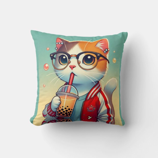 Cool Cat drinking boba  Cushion (Front)