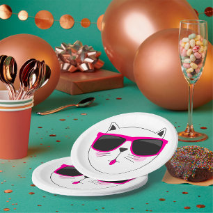 Cool Cat Face with Pink Sunglasses Cute Kitty  Paper Plate