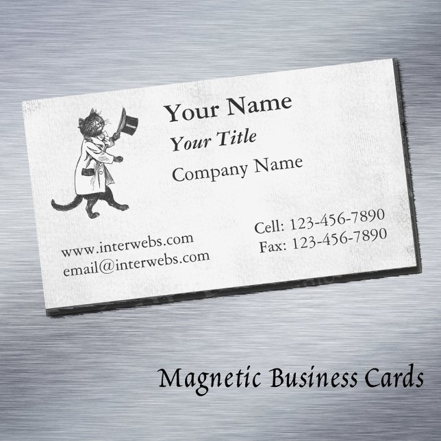 Cool Cat Faux Canvas Custom Magnetic Business Card (Top hat cat grunge background magnetic business cards)