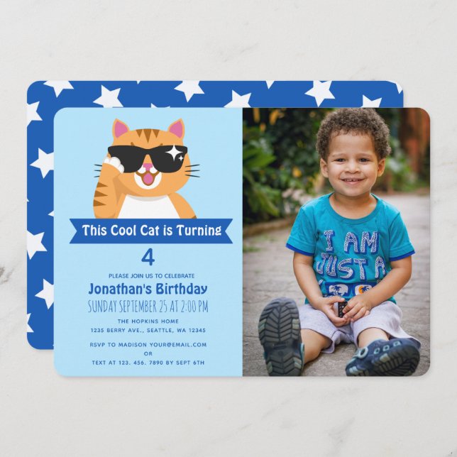 Cool Cat Funny Cute Child's Birthday Photo Invitation (Front/Back)