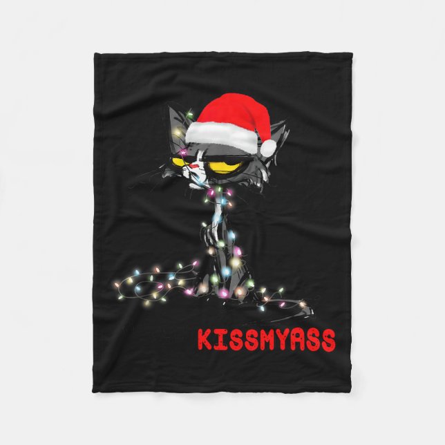 Cool Cat Hat Merry Kiss My Christmas  Fleece Blanket (Front)