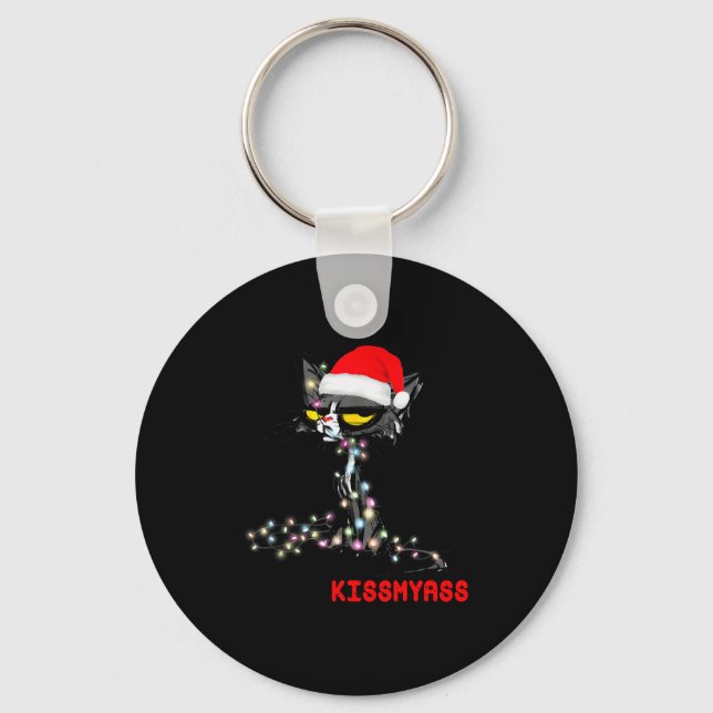 Cool Cat Hat Merry Kiss My Christmas  Key Ring (Front)