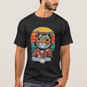 Cool Cat Hawaiian Retro Sunset Funny Summer Vacati T-Shirt
