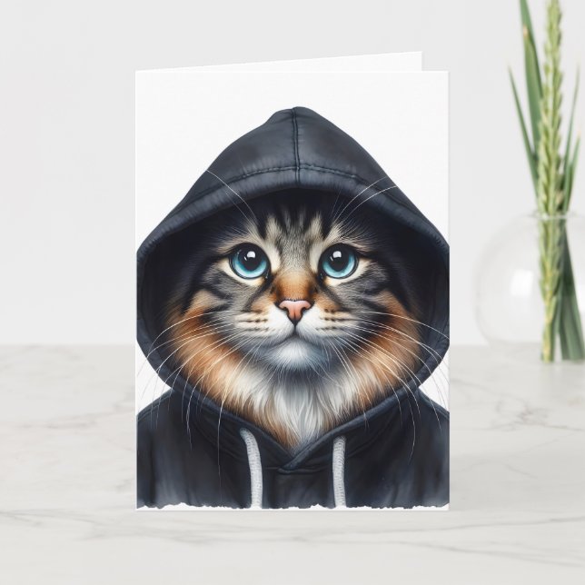 Cool Cat in Black Hoodie Blank Greeting  Card (Front)