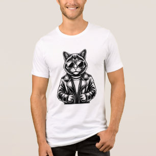 Cool Cat in Leather Jacket Minimalist B&W Feline Tri-Blend Shirt