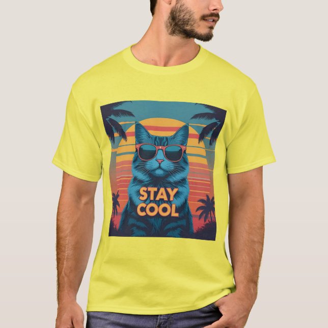Cool Cat in Paradise Tee – Retro Neon Sunset  (Front)