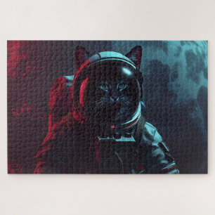 Cool Cat in Space Suit and Moon neoncore sci-fi Jigsaw Puzzle