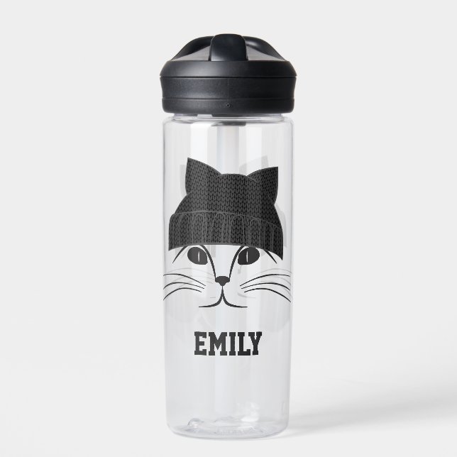 Cool Cat in Wool Hat Personalised Water Bottle (Front)