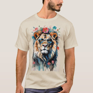 Cool Cat Lion Wearing Sunglasses with Flowers T-Shirt