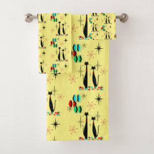 Cool Cat Mid Century Modern Atomic Era  Bath Towel Set