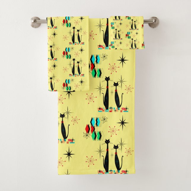 Cool Cat Mid Century Modern Atomic Era  Bath Towel Set (Insitu)