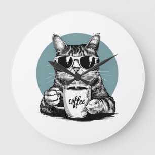 Cool Cat Mornings � Coffee, Shades & Attitude Large Clock