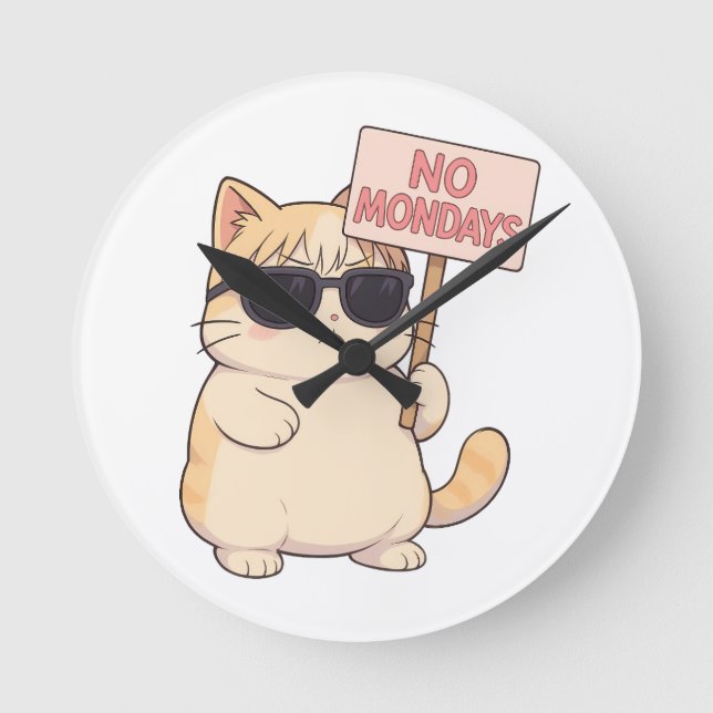 Cool Cat No Mondays Aesthetic Meme Round Clock (Front)