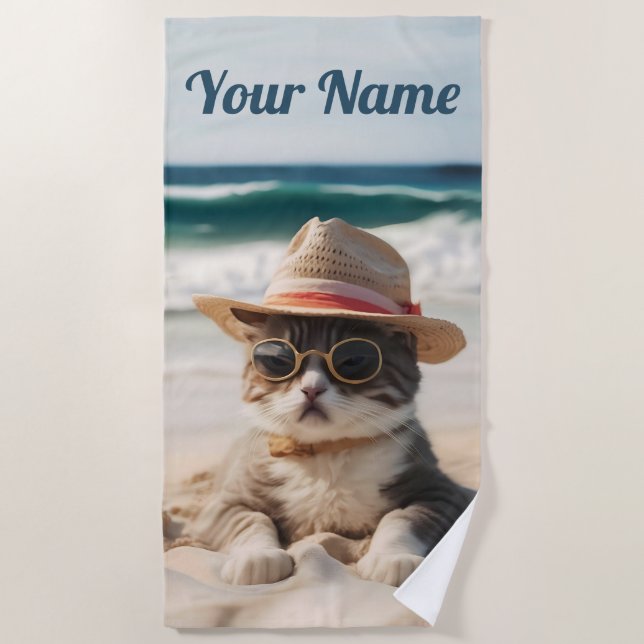 Cool cat on the beach with sunglasses and hat. beach towel (Front)