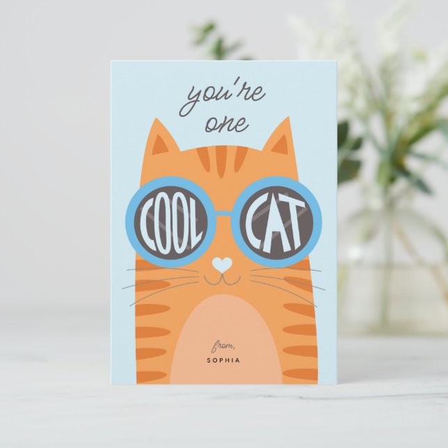 Cool Cat Orange Valentine's day Card_blue Invitation (Standing Front)