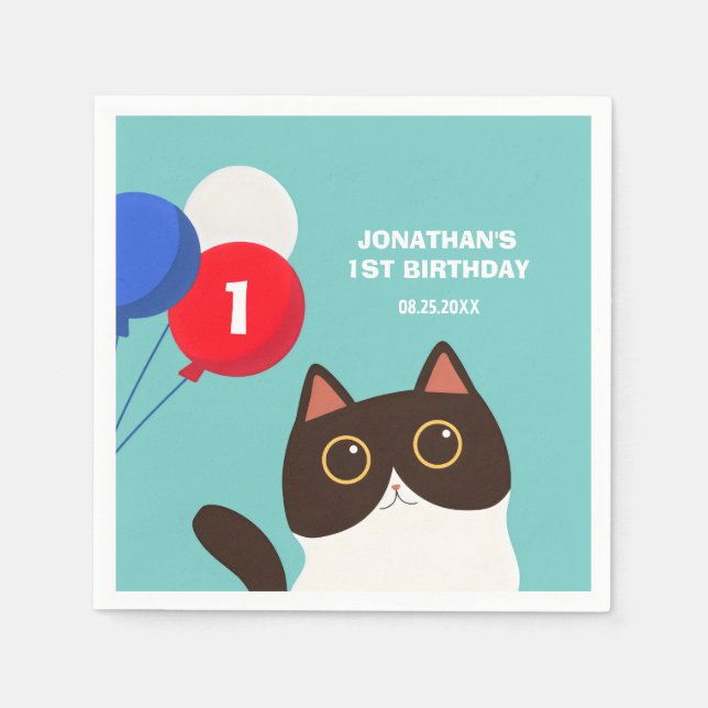 Cool Cat Party Balloon Kids Birthday Napkin (Front)