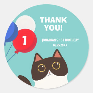 Cool Cat Party Balloon Kids Birthday Thank You Classic Round Sticker