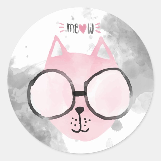 Cool Cat Pink Watercolor Meow Classic Round Sticker (Front)