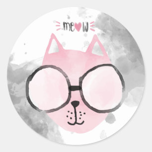 Cool Cat Pink Watercolor Meow Classic Round Sticker