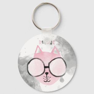 Cool Cat Pink Watercolor Meow Key Ring
