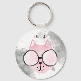 Cool Cat Pink Watercolor Meow Key Ring