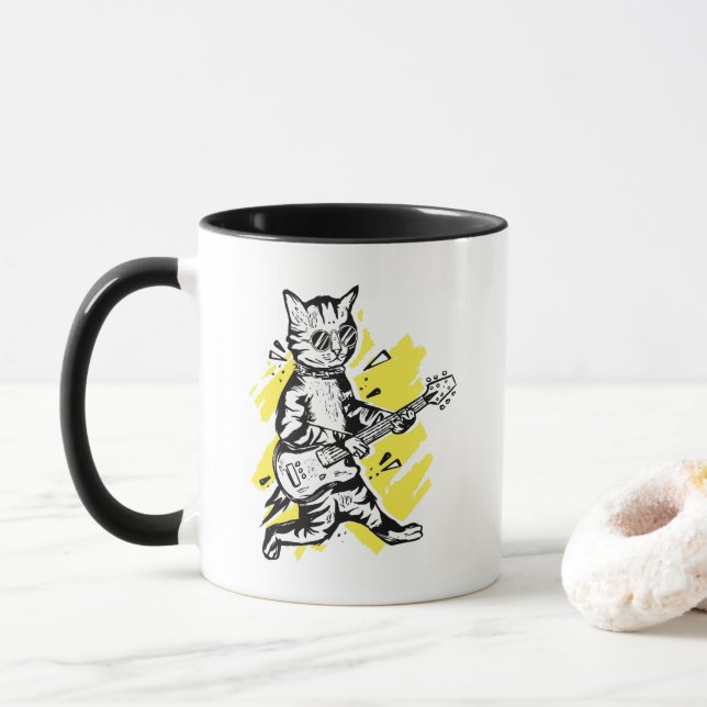 Cool Cat Playing Electric Guitar Mug (With Donut)
