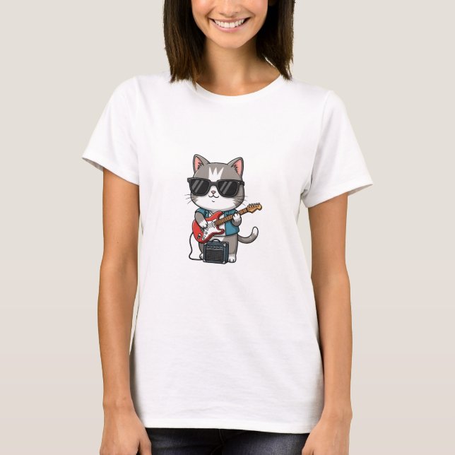 Cool Cat Playing Electric Guitar with Sunglasses T-Shirt (Front)