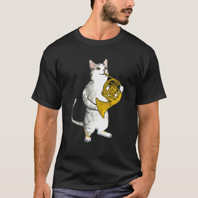 Cool Cat Playing French Horn Musician Orchestra Mu T-Shirt (Front)