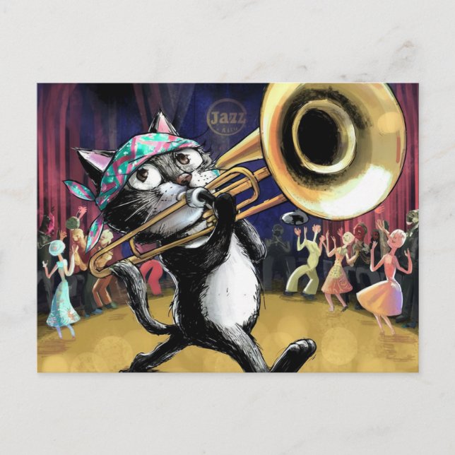 Cool cat playing jazz on saxophone postcard (Front)