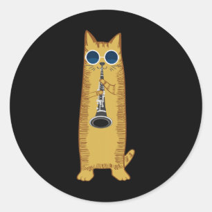 Cool Cat Playing The Clarinet Design Hippy Hipster Classic Round Sticker