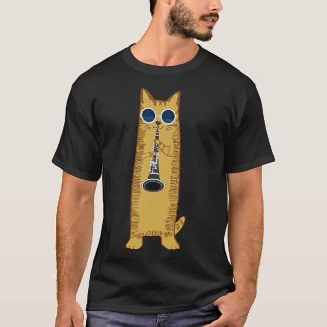 Cool Cat Playing The Clarinet Design Hippy Hipster T-Shirt (Front)
