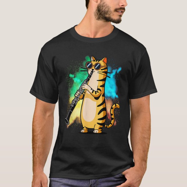 Cool Cat Playing The Clarinet Design Hippy Hipster T-Shirt (Front)