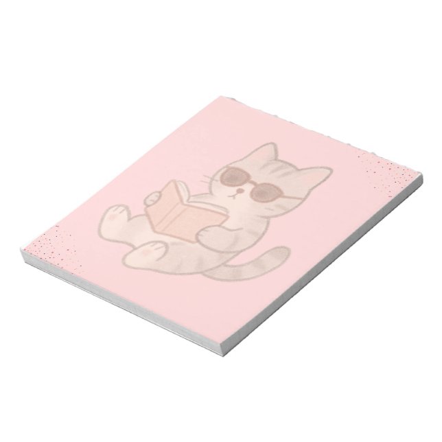 Cool Cat Reading Book Pastel Pink Aesthetic Notepad (Rotated)