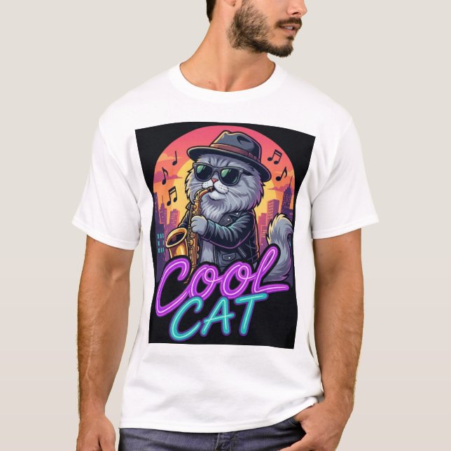 Cool Cat Saxophone – Retro Neon 90s Jazz Cat Desig T-Shirt (Front)
