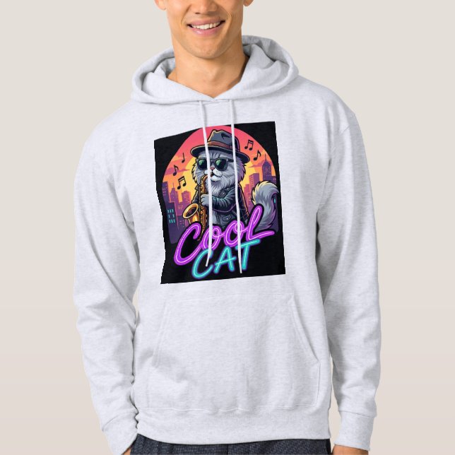 Cool Cat Saxophone –Retro Neon 90s Jazz Cat Design Hoodie (Front)